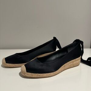 Tory Burch Black and Tan Espadrille Slip-On Shoes with Wedge Heel
